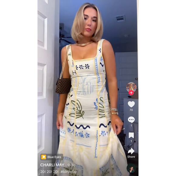 Caroline Constas Palm Tree Print A Line Linen Blend Midi Dress White S Coastal - Picture 2 of 9